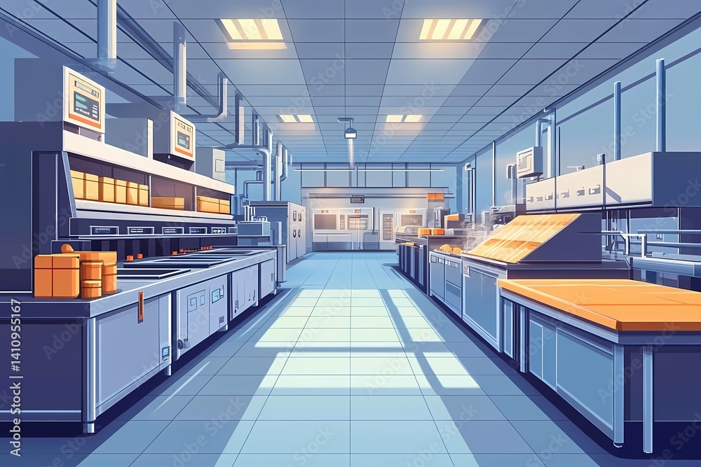 Modern Commercial Kitchen. Clean Culinary Space with Professional Equipment for Food Preparation and Service Modern Commercial Kitchen. Clean Culinary Space with Professional Equipment for Food Preparation and Service