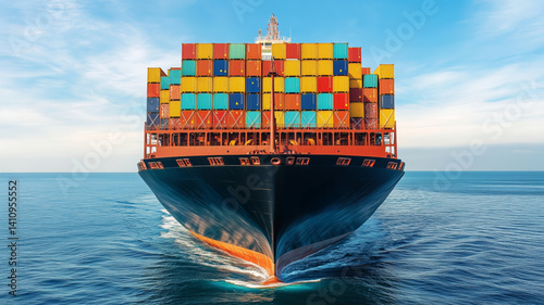 Front view of large cargo ship loaded with colorful containers sailing in open sea
