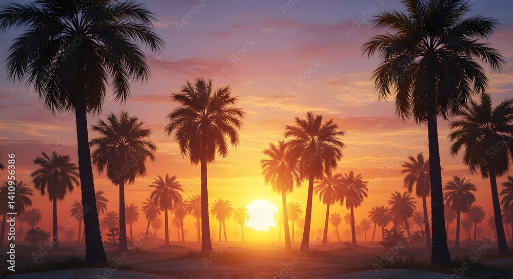 Obraz premium Palm Tree Silhouettes at Sunset with Warm Sunlight Glow
