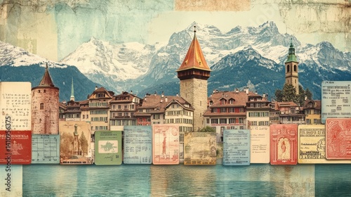 Lucerne Switzerland collage showcasing the historical cityscape and surrounding mountains