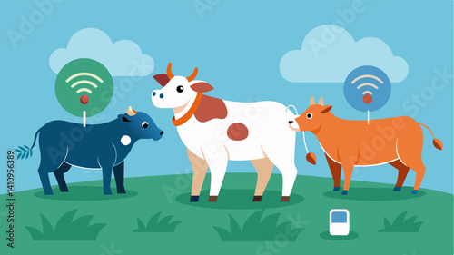 Health Tracking Livestock wear smart tags that track their movements and activity levels providing farmers with data on their overall health and wellbeing enabling early detection. Vector illustration