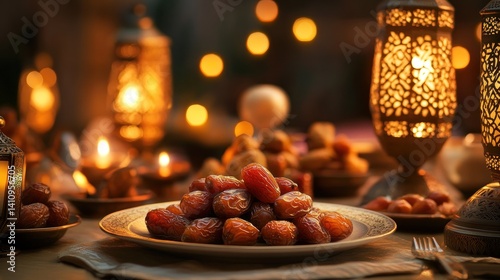 Dates on a plate, decorated table setting, warm light