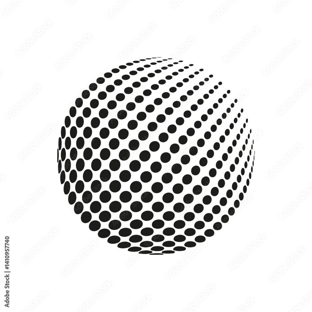 Halftone dot sphere. Circle shape illusion. Abstract globe vector. Black dotted object. Halftone dot sphere. Circle shape illusion. Abstract globe vector. Black dotted object.