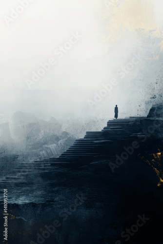 A figure climbing a staircase leading to nowhere in an ethereal and surreal composition with abstract forms and fairytale landscapes.