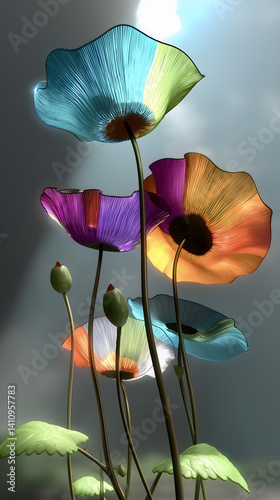 Colorful flowers with vibrant petals illuminated by gentle light in a serene atmosphere
