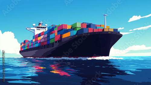 Colorful vector illustration of cargo ship with containers sailing on blue ocean
