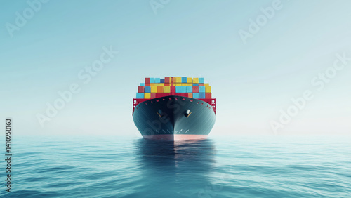 Minimalist front view of container ship at sea under clear blue sky

