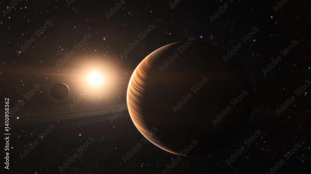 Naklejka premium Celestial Dance, A Ringed Planet and its Moon Bathed in Distant Starlight
