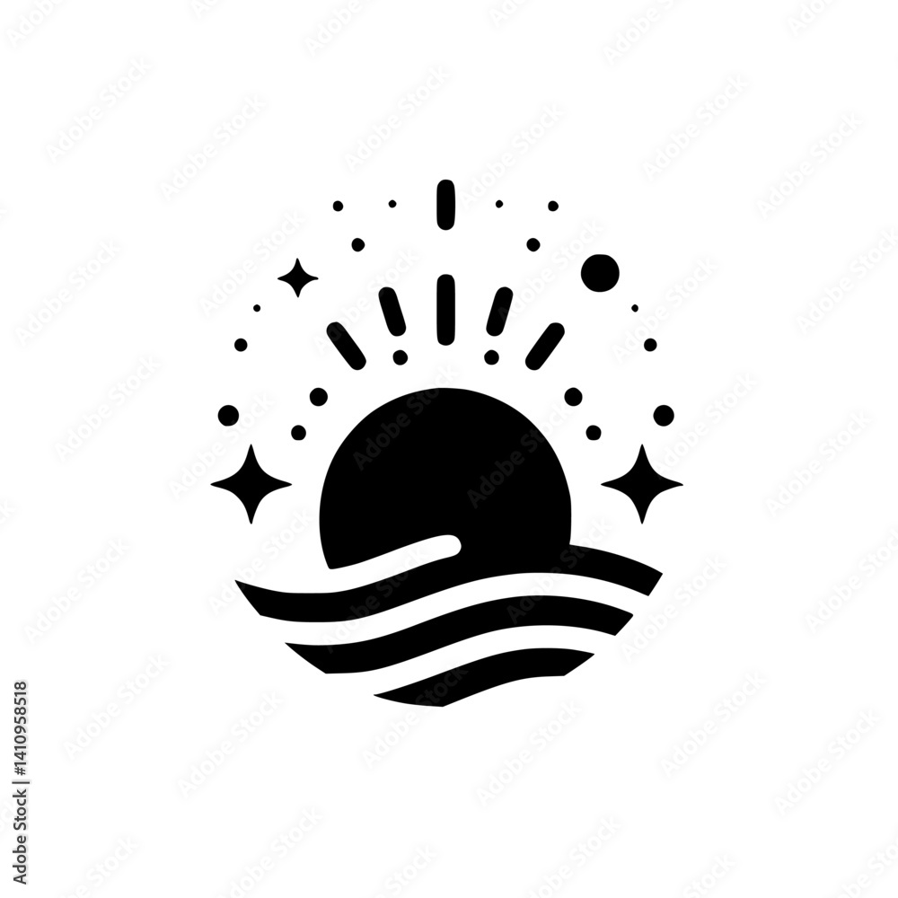 Sunrise Over Waves: Minimalist Black & White Design Sunrise Over Waves: Minimalist Black & White Design