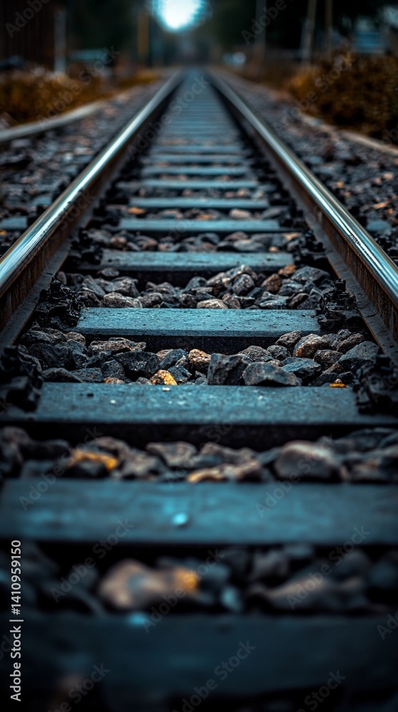 Train tracks stretch into the distance, wooden ties and ballast stones in focus Train tracks stretch into the distance, wooden ties and ballast stones in focus