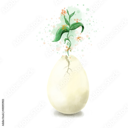 Easter egg with a crack from which a sprout grows, a drawing painted with watercolors on a white transparent background