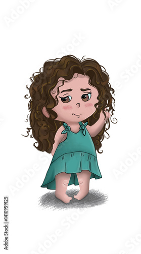 curly little girl twirling a curl on her finger in a green blue dress on a white transparent background