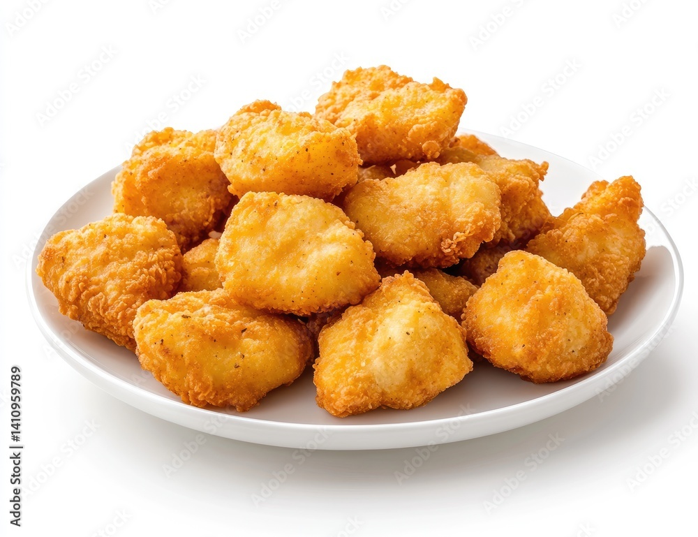 Golden-brown, crispy chicken nuggets served on a white plate (1) Golden-brown, crispy chicken nuggets served on a white plate (1)