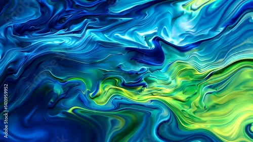 Vibrant abstract swirl of blue and green paint blending together in a fluid motion