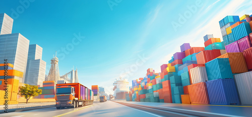 Colorful shipping containers with trucks and cargo ship in modern port
 photo