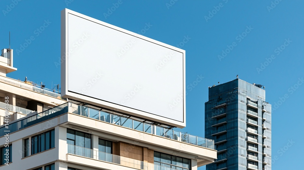 Minimalist rooftop billboard with clean white frame, skyscraper in the background, clear sky, no advertising elements visible Minimalist rooftop billboard with clean white frame, skyscraper in the background, clear sky, no advertising elements visible
