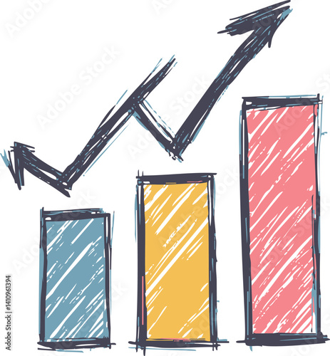 Colorful hand-drawn bar chart with upward arrow indicating growth. Vector illustration