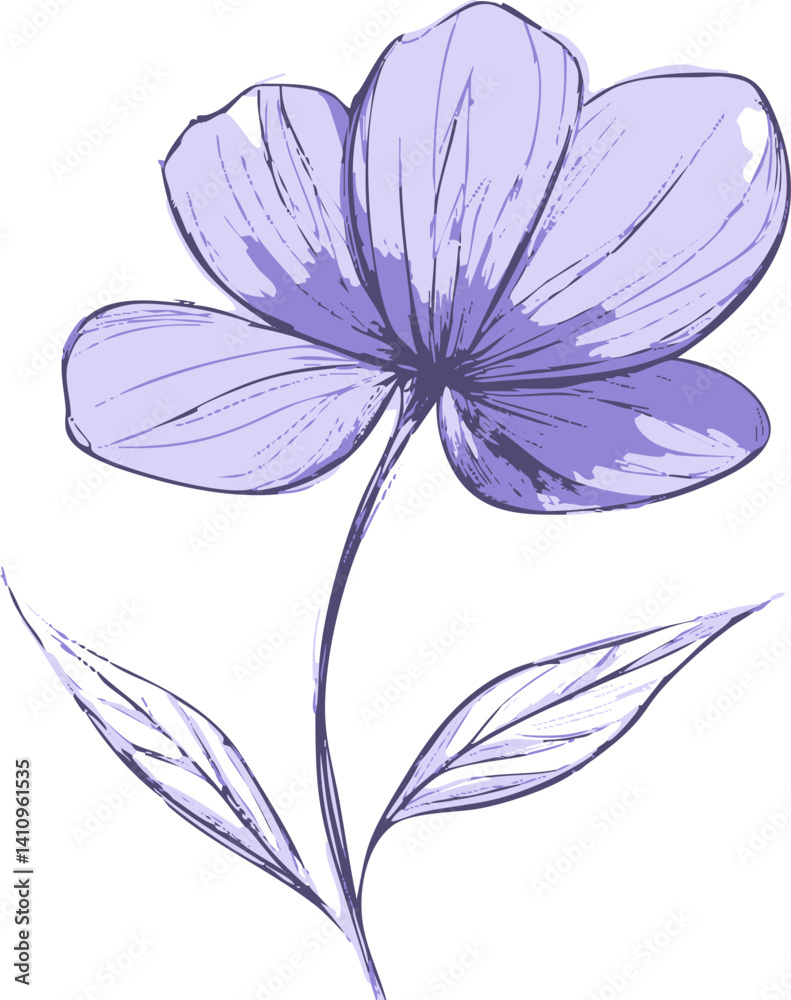 Obraz premium Illustration of a delicate purple flower with shaded petals and two leaves. Vector illustration