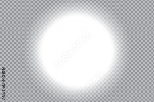White glow center. Bright spotlight vector. Transparent gradient effect. Luminous light background.