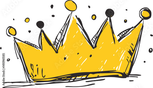 Yellow and black abstract crown illustration with playful dots on white background. Vector illustration