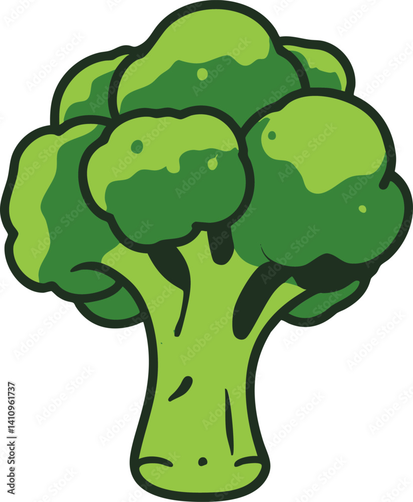 Obraz premium Cartoon green broccoli illustration on white background, colorful vegetable art. Vector illustration