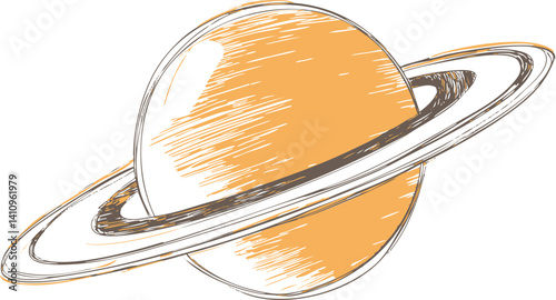 Illustration of saturn with orange shading and rings, hand-drawn style. Vector illustration