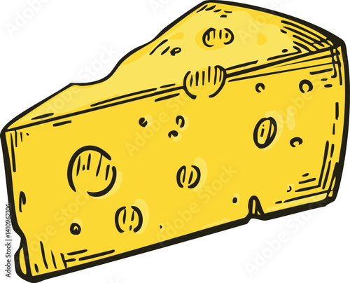 Yellow swiss cheese wedge illustration with holes and cartoon style. Vector illustration