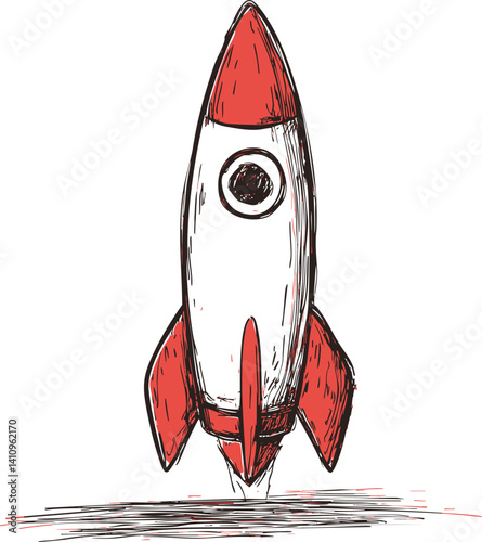 Hand-drawn red and white rocket ship sketch launching upward. Vector illustration