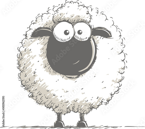 Cute fluffy cartoon sheep illustration in black and white, humorous and playful. Vector illustration