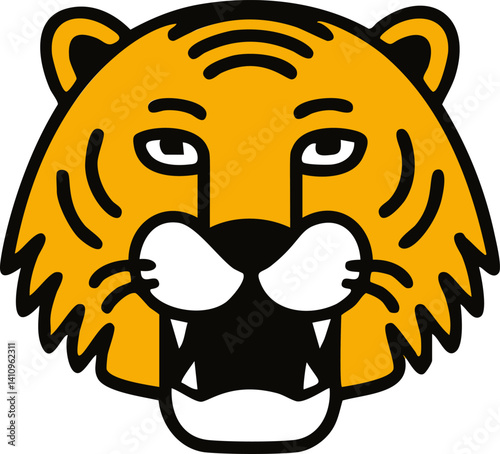 Graphic illustration of a fierce tiger head in bold black and yellow colors. Vector illustration