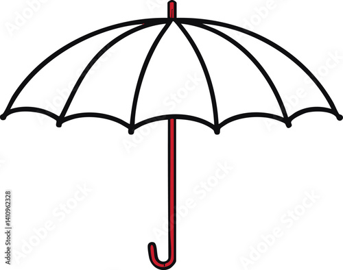 Black and red line drawing of an open umbrella . Vector illustration