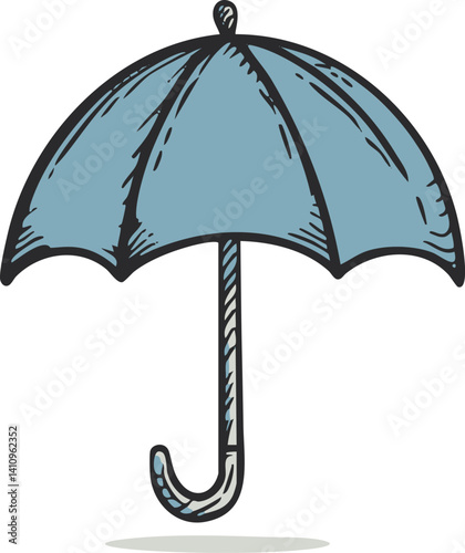 Blue cartoon illustration of an umbrella with a striped handle. Vector illustration