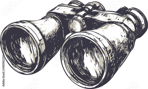 Vintage sketch of binoculars in black and white with intricate details. Vector illustration