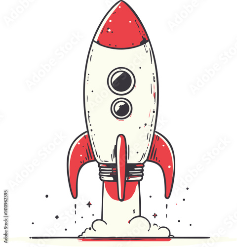 Retro cartoon rocket launching with smoke in white background illustration. Vector illustration
