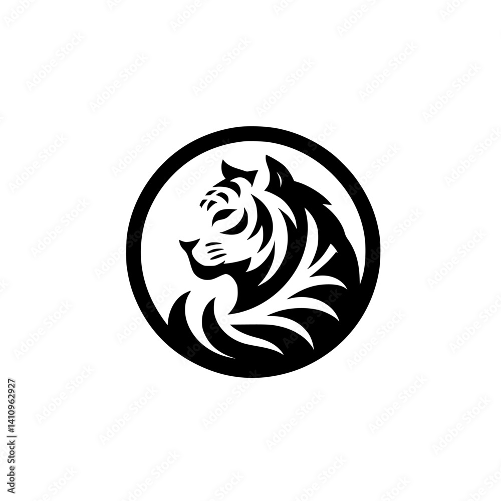 Naklejka premium Minimalist Tiger Head Logo in Circle, Black and White Vector Design