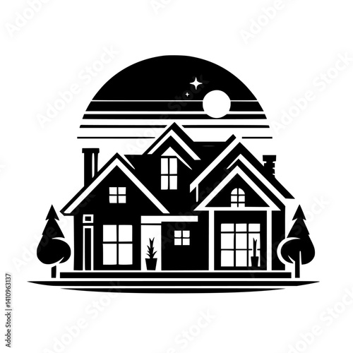 Black & White Home Logo: Night Sky Scene, Flat Design