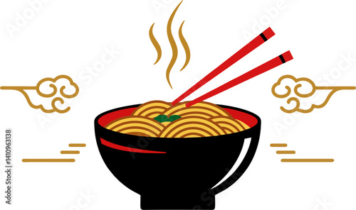 Noodle Delight: A visually striking illustration showcases a steaming bowl of noodles, held gracefully with chopsticks, evoking the flavors of Asian cuisine.