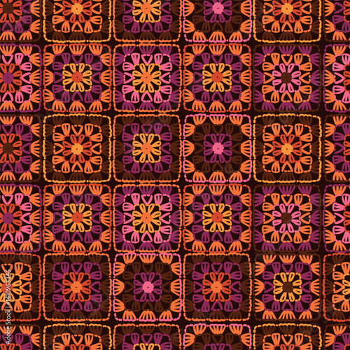 Crochet vector background. Multicolored abstract seamless pattern. Lace texture. knitted by hand or machine. Granny and cottage core allover print for fabric, wrapping paper, textile, ads
