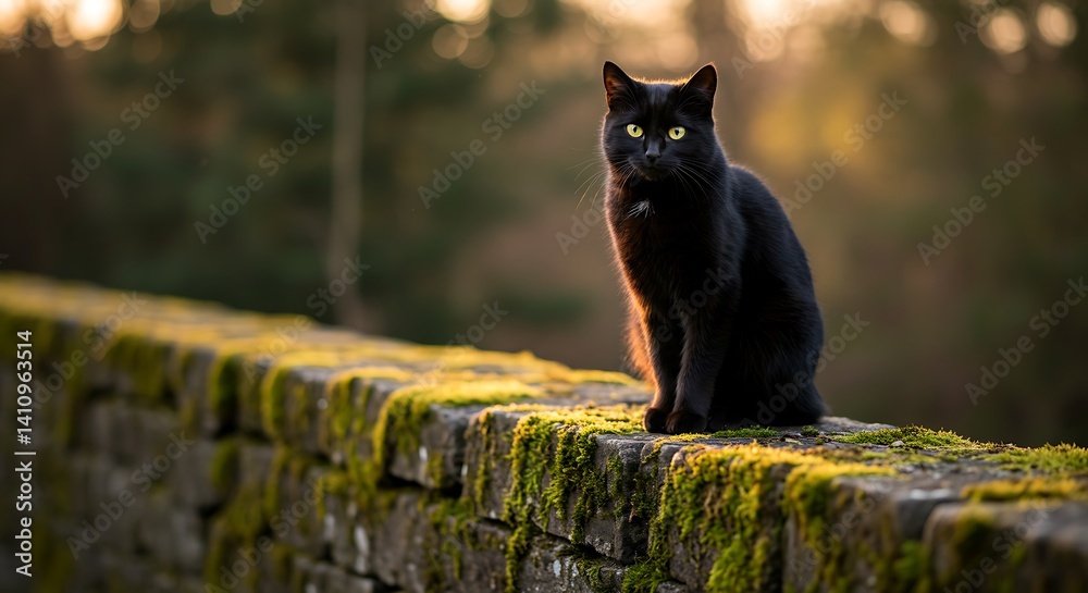 Obraz premium Black Cat Sitting on Mossy Stone Wall at Sunset