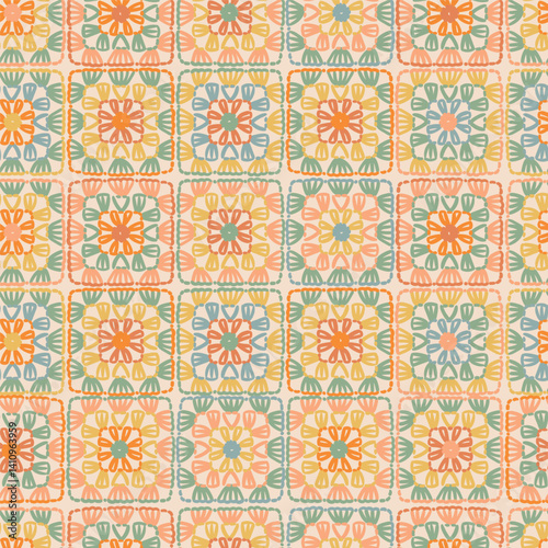 Crochet vector background. Multicolored abstract seamless pattern. Lace texture. knitted by hand or machine. Granny and cottage core allover print for fabric, wrapping paper, textile, ads