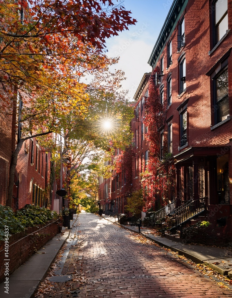 Fototapeta premium Cozy Boston street in autumn—red-brick brownstones, golden sunlight, swirling leaves, wild grapevines, and a soft breeze capture urban charm and seasonal warmth.