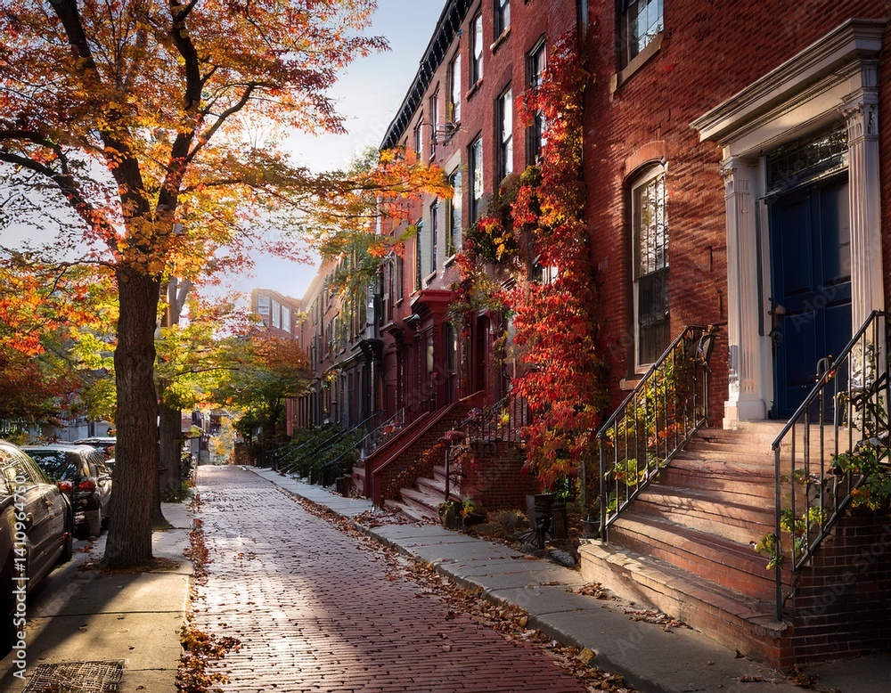 Fototapeta premium Cozy Boston street in autumn—red-brick brownstones, golden sunlight, swirling leaves, wild grapevines, and a soft breeze capture urban charm and seasonal warmth.