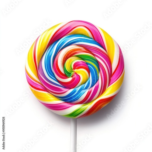 A vibrant, multicolored swirl lollipop on a white stick