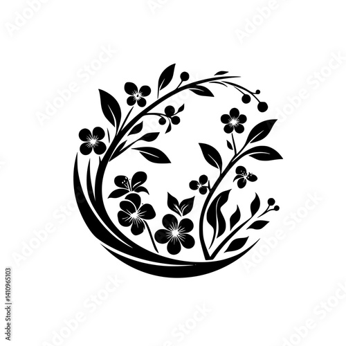Elegant Floral Circle Design in Black and White, Minimalist Decorative Element