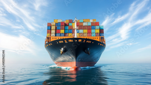 Massive cargo ship loaded with colorful containers, front view at sea
 photo