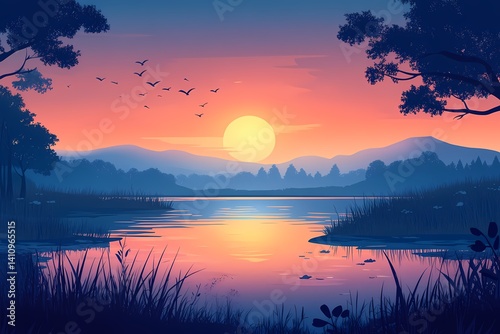 Serene Sunset Over Tranquil River. Vibrant Nature's Reflection in Dusk