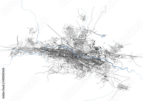vector map of highway, buildings and waterway in skopje, north macedonia with black and white theme colors 