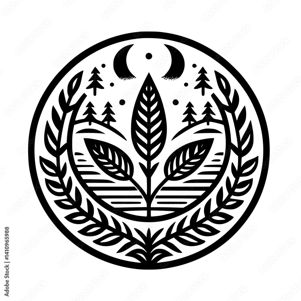Nature Emblem: Black and White Circle Design with Trees, Leaves, and Celestial Elements Nature Emblem: Black and White Circle Design with Trees, Leaves, and Celestial Elements