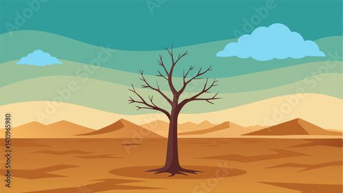 In a desolate field the lone tree stands stoic and resolute defying the odds and proving that nature is unbeatable.. Vector illustration