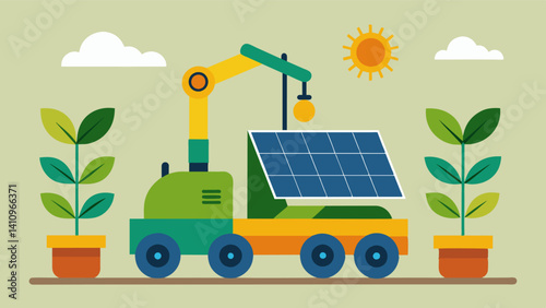 Powered by solar panels and boasting a lowmaintenance design this sustainable robotic transplanting machine is a costeffective solution for smallscale farmers.. Vector illustration